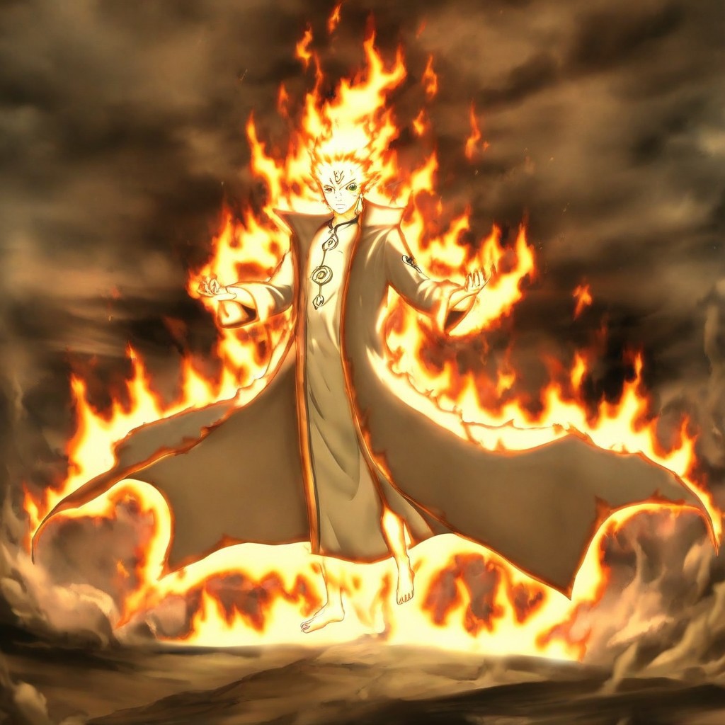 fire, aura, long coat, barefoot, facial mark, electricity, sky, male focus, glowing