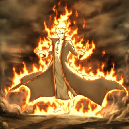 fire, aura, long coat, barefoot, facial mark, electricity, sky, male focus, glowing