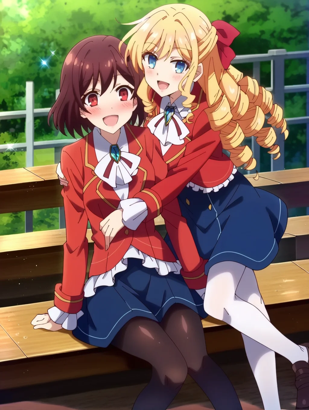 score_9, score_8_up, score_7_up, score_6_up, score_5_up, score_4_up,uncensored, source_anime, BREAK,2girls, yuri, ,white lily, sparkle, , ,blush, <lora:wataoshi_reiclaire:1>,looking at viewer,wataoshi_claire, blonde hair, blue eyes, drill hair, long hair, (red hair ribbon), red jacket, long sleeves, blue skirt, white shirt, frills, white pantyhose, brooch, wataoshi_rei, short hair, red eyes, brown hair,red jacket, long sleeves, blue skirt, white shirt, frills, black pantyhose, brooch,
smile,open mouth,