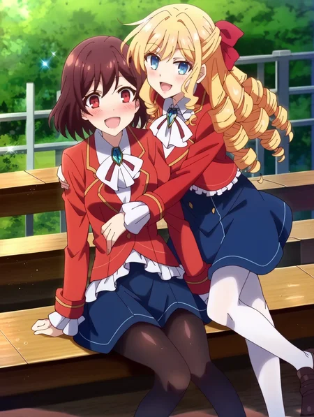 score_9, score_8_up, score_7_up, score_6_up, score_5_up, score_4_up,uncensored, source_anime, BREAK,2girls, yuri, ,white lily, sparkle, , ,blush, <lora:wataoshi_reiclaire:1>,looking at viewer,wataoshi_claire, blonde hair, blue eyes, drill hair, long hair, (red hair ribbon), red jacket, long sleeves, blue skirt, white shirt, frills, white pantyhose, brooch, wataoshi_rei, short hair, red eyes, brown hair,red jacket, long sleeves, blue skirt, white shirt, frills, black pantyhose, brooch,
smile,open mouth,