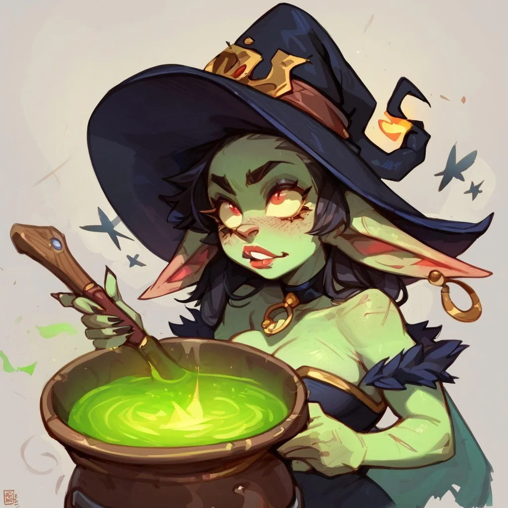 score_9, score_8_up, score_7_up, high quality, 1girl, Goblin, green skin, colored skin, shortstack, dark hair, witch outfit, cooking glowing potion in cauldron, dark scene,