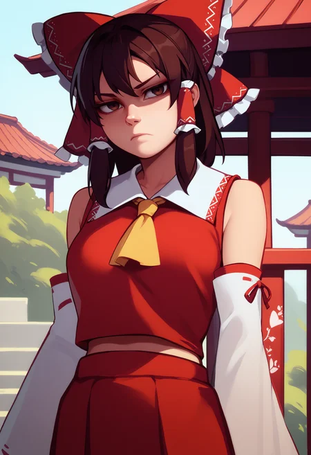 score_7_up, score_6_up, cowboy shot, solo, 1girl, hakurei reimu, unamused, looking at you, standing, brown hair, hair tubes, hair bow, brown eyes, red shirt, sleeveless shirt, yellow ascot, detached sleeves, red skirt, medium breasts, outdoors, east asian architecture
<segment:yolo-face_yolov8m.pt,0.4,0.5//cid=1>