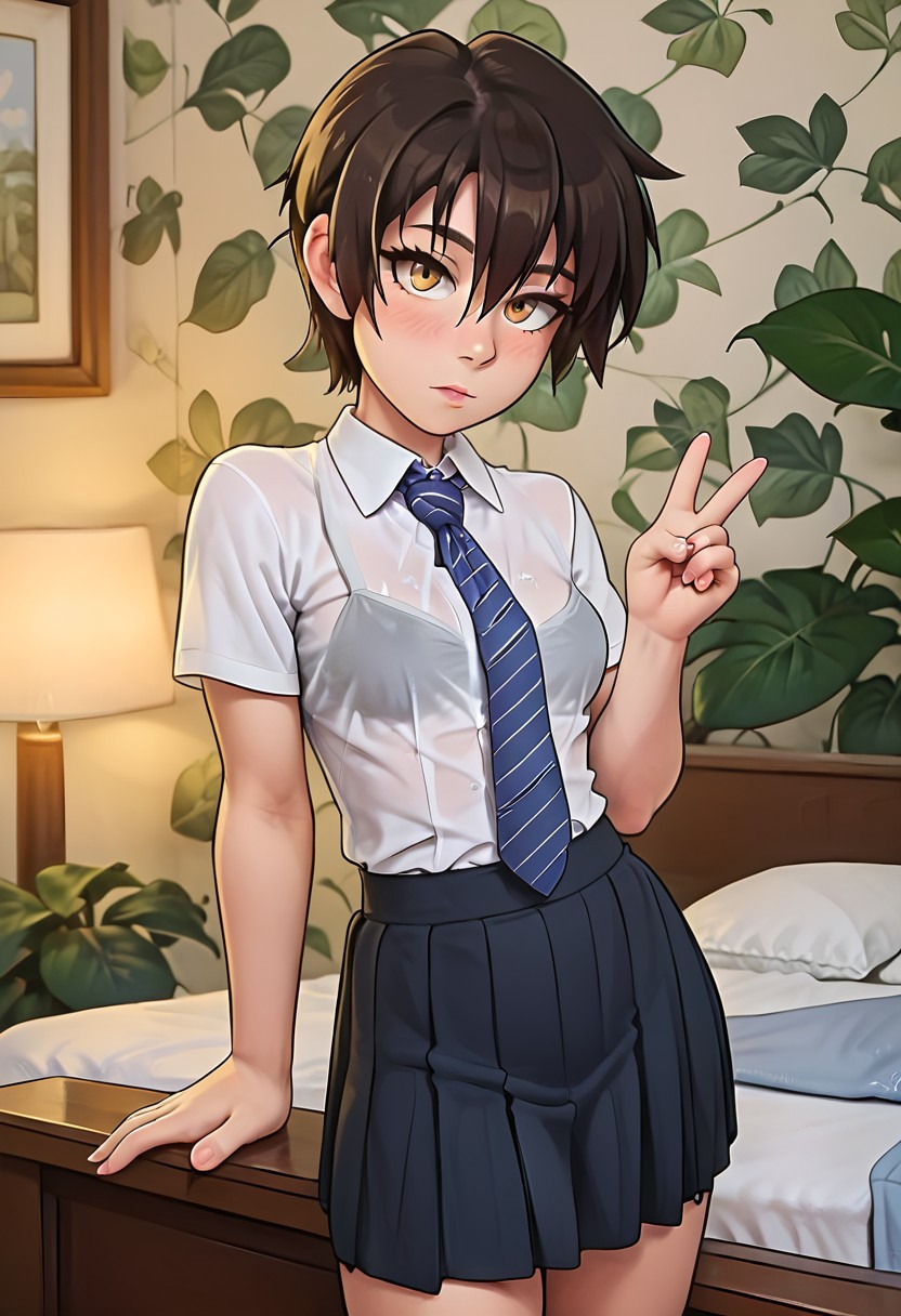 score_9, score_8_up, score_7_up, score_6_up, score_5_up, score_4_up, anime source, BREAK, 
SFW,
closed mouth,
dark brown hair,
short hair,
peace signs,
Standing,
small breasts,
sexy 18 year old girl, 1girl, 
short, athletic, blushing, looking at viewer, 
solo, breasts, blush, 
skirt, shirt, hair between eyes, closed mouth, white shirt, necktie, striped, collared shirt, blue necktie, striped necktie, black sports bra,
bedroom,
Expressiveh,