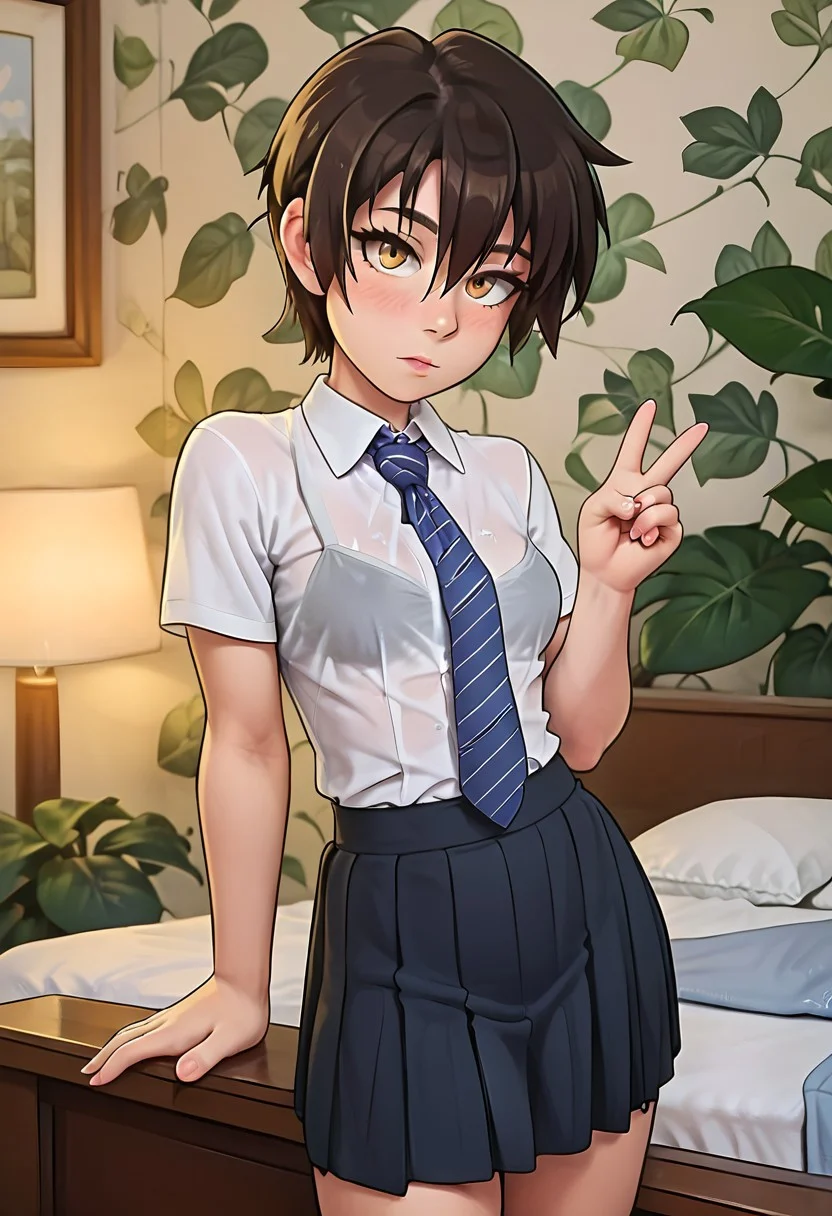 score_9, score_8_up, score_7_up, score_6_up, score_5_up, score_4_up, anime source, BREAK,
SFW,
closed mouth,
dark brown hair,
short hair,
peace signs,
Standing,
small breasts,
sexy 18 year old girl, 1girl,
short, athletic, blushing, looking at viewer,
solo, breasts, blush,
skirt, shirt, hair between eyes, closed mouth, white shirt, necktie, striped, collared shirt, blue necktie, striped necktie, black sports bra,
bedroom,
Expressiveh,