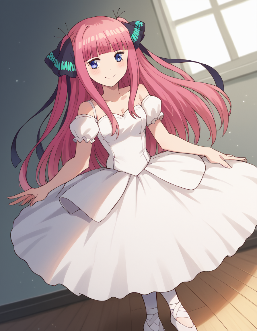 score_9, score_8_up, score_7_up, source_anime, ninonakano, <lora:nino-nakano-s1-ponyxl-lora-nochekaiser:1>, nino nakano, long hair, bangs, blue eyes, hair ornament, hair ribbon, pink hair, blunt bangs, two side up, butterfly hair ornament, mature female,, <lora:tutu-ponyxl-lora-nochekaiser:1>, tutu, ballerina, ballet, ballet slippers, white pantyhose,, indoors, dancing, smile, blush,, full body, dutch angle, looking at viewer,