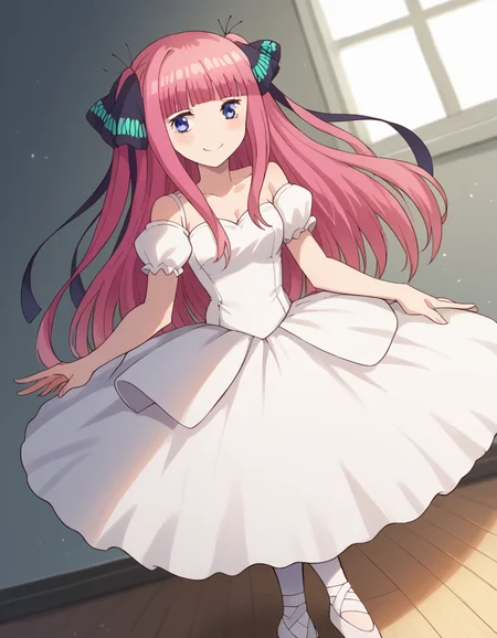 score_9, score_8_up, score_7_up, source_anime, ninonakano, <lora:nino-nakano-s1-ponyxl-lora-nochekaiser:1>, nino nakano, long hair, bangs, blue eyes, hair ornament, hair ribbon, pink hair, blunt bangs, two side up, butterfly hair ornament, mature female,, <lora:tutu-ponyxl-lora-nochekaiser:1>, tutu, ballerina, ballet, ballet slippers, white pantyhose,, indoors, dancing, smile, blush,, full body, dutch angle, looking at viewer,