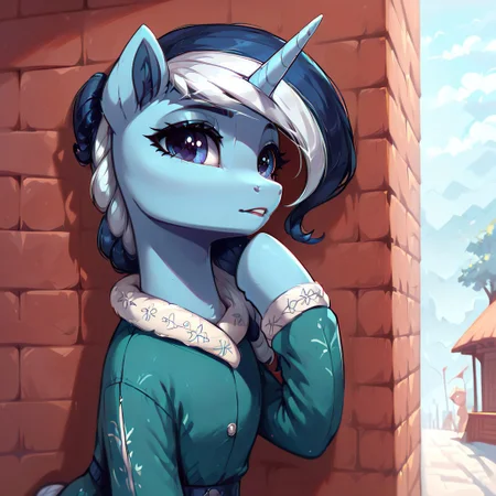 masterpiece, score_9, score_8_up, score_7_up, (best quality:1.1), ultra-detailed, high resolution, 1character, River Swirl, unicorn pony, feral, female, mare, light blue skin, horn, black and white mane, cute, night, long eyelashes, outside, (((beautiful detailed blue eyes))), Long eyelashes, fluffy, ear fluff, long eyelashes, (cornering), taking cover, spying, wall, green clothes, Highly Visible, (((8k))), sharp focus, perfect lighting, detailed outfit, anatomically correct, extremely detailed, shine on body, (in the mlp town), high detail, cute face, suspicious facial expression, Expressiveh, detailed background, OverallDetail, zPDXL2, <lora:Corneringv1:0.8>