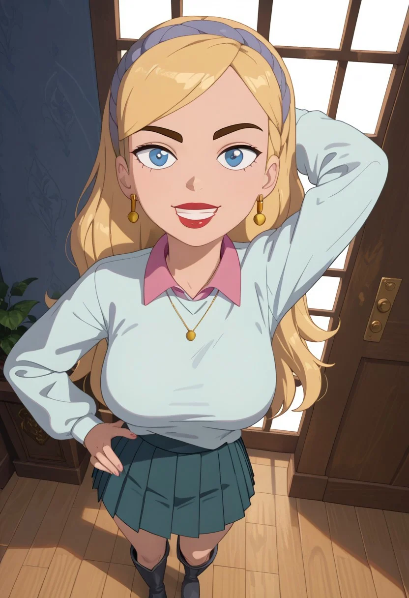 ((room background)),score_9, score_8_up, score_7_up,score_6_up, (detailed face and eyes:1)
1girl, solo, Belle_HYG, light skin, blue eyes, blonde hair, long wavy hair, brown eyebrows, red lipstick, lilac headband, golden earrings, golden necklace, white-blue sweater, pink shirt collar, teal short pleated skirt, dark gray high boots, cute, tall stature, social smile, perfect eyes, perfect smile, looking at the viewer, detailed eyes, perfect eyes, standing, big breasts (front pose, front view, full body shot, high angle view:1) five fingers, perfect hands, (one hand on hip, one hand behind head)