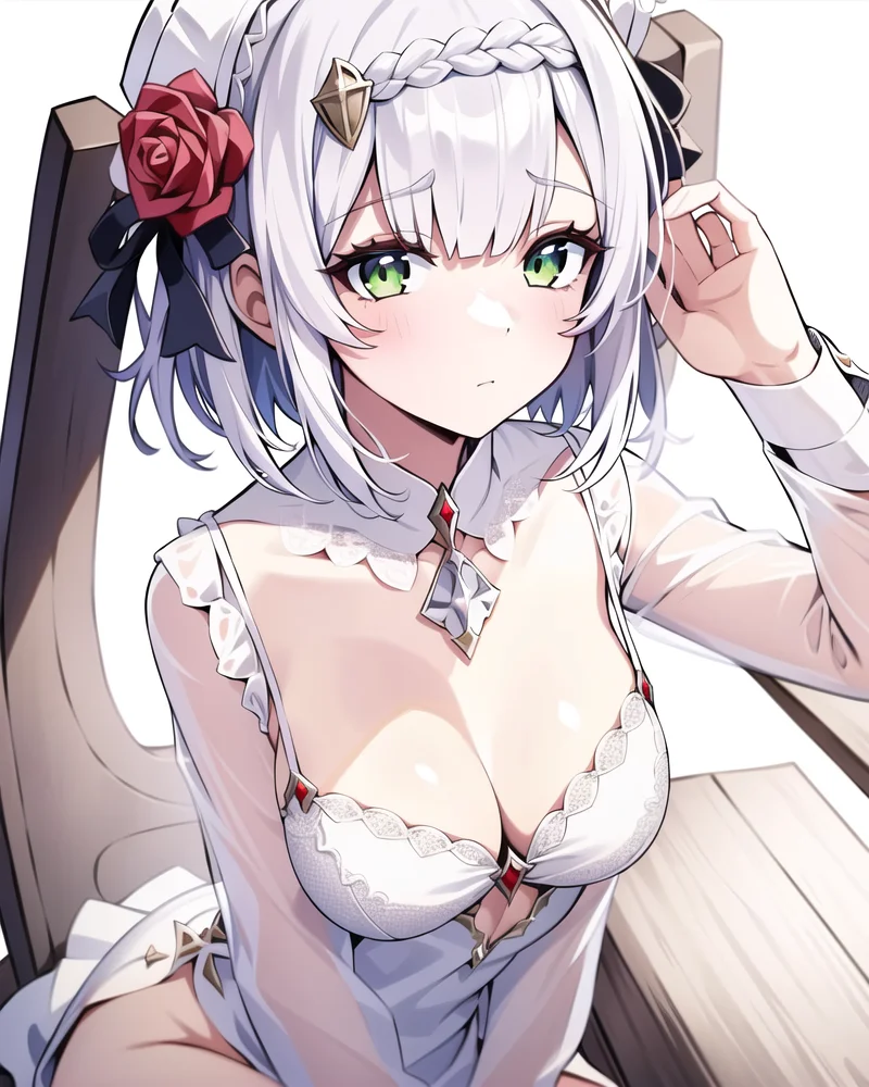 best quality,highly detailed,masterpiece,ultra-detailed,solo,1girl,(white background:1.5),(Delicate eyes),noelle_\(genshin_impact\), 1girl,(green_eyes:1.2//), breasts,short_hair, medium_breasts, rose, red_flower,(dress shirt:1.2), no panties, cleavage, red_rose, hair_ornament, hair_flower,expressionless, sitting,