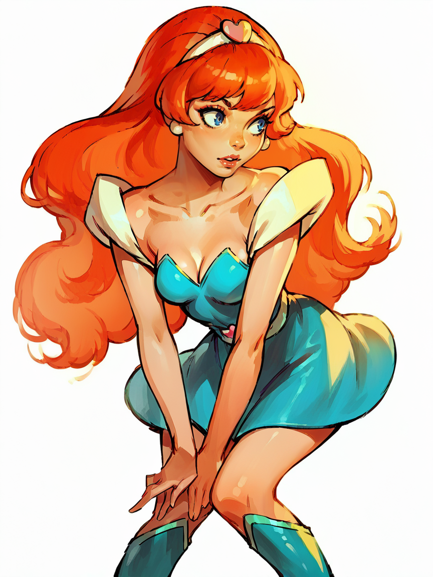 score_9, score_8_up, score_7_up, score_6_up, score_5_up,   <lora:kimberlySAXLP:1> kimberlysa, 1girl, solo, long hair, orange hair, blue eyes, makeup, knee boots, dress,    white background,  <lora:1ly4XLP:1> 1ly4