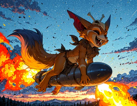 <lora:GnarXLIllustrious-000060:1> Gnar, yordle, fangs, 3 toes, pawpads BREAK
loincloth BREAK
outdoors BREAK
riding a missile, missile, laughing maniacally, sky, clouds, fire blast , BREAK
<lora:spo_sdxl_10ep_4k-data_lora_webui:1> highly detailed, detailed background, absurdres, high resolution, 8K, highres, 4k, 2k, high detail BREAK
masterpiece, best quality, amazing quality, very aesthetic, absurdres, newest, sceneryâââ