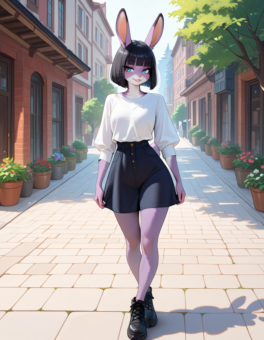 masterpiece, best quality, very aesthetic, absurdres,
outdoors, casual, 
full body,standing, posing, 
 seductive smile, parted lips, long eyelashes,
m4rl3nn3,1girl,solo,furry,furry female,rabbit girl,black hair,short hair,blunt bangs,bob cut,rabbit ears,blue eyes,animal nose,whiskers,body fur,purple fur,rabbit tail,