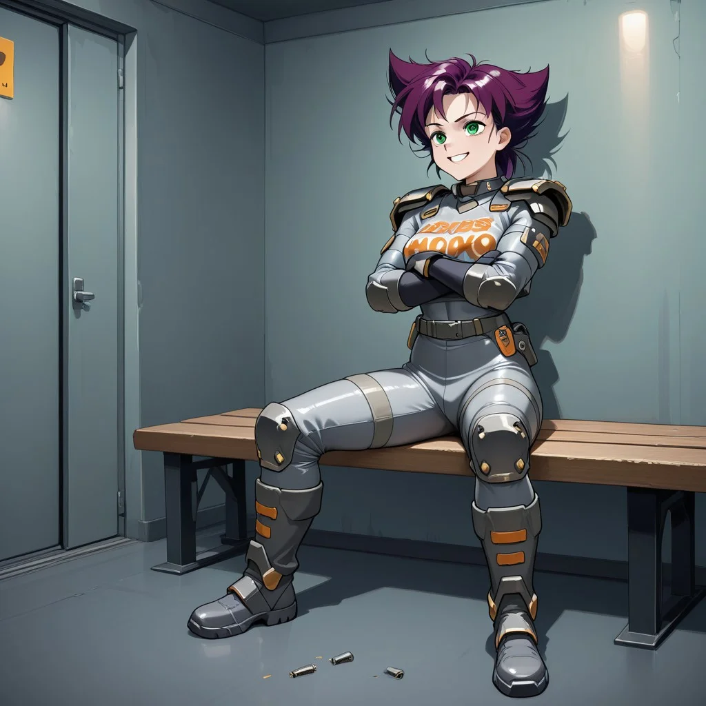 Konoko, 1 girl, short, messy, spiky purple hair, green eyes, athletic Bodysuit, gray and white combat suit, metallic shoulder pads and protection, dark gloves, sturdy boots, orange details
Konoko smiling maliciously, arms crossed, wearing a wedding dress, sitting on a bench inside a room, a cross above her. With a belt with a pistol on her hip