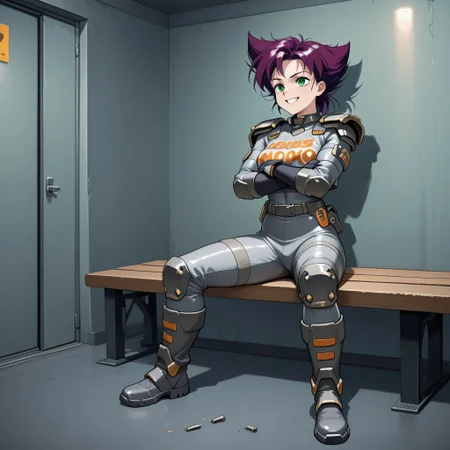 Konoko, 1 girl, short, messy, spiky purple hair, green eyes, athletic Bodysuit, gray and white combat suit, metallic shoulder pads and protection, dark gloves, sturdy boots, orange details
Konoko smiling maliciously, arms crossed, wearing a wedding dress, sitting on a bench inside a room, a cross above her. With a belt with a pistol on her hip
