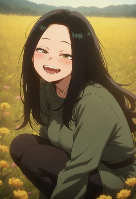 mmha2, 1girl, black hair, solo, smile, long hair, flower, blush, open mouth, green eyes, looking at viewer, outdoors, field, flower field, yellow flower, long sleeves, :d, squatting, detailed lighting, masterfully drawn, 4K, amazing quality, aesthetic, details, prestine, mmha2, , <lora:5e383849-9b54-462b-b435-07a58c22bafb:0.9>
