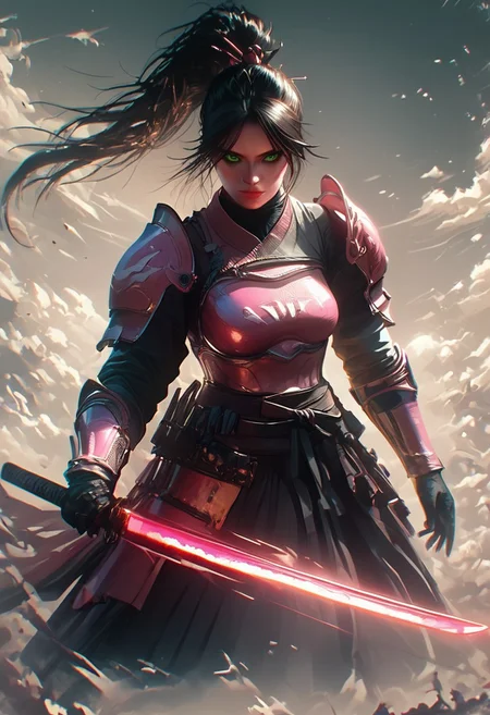 score_9, score_8_up, score_7_up, hkwarrior, Inkblast, A warrior holding a sword, realistic, female, large breasts, pink armor, full body, perfect face, beautiful face, long black hair, straight hair, ponytail, perfect eyes, perfecteyes, green eyes, detailed background, in combat, warriors fighting around her,