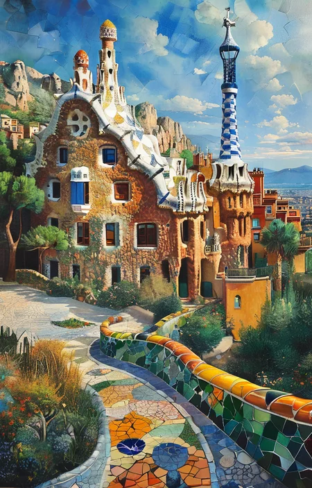 masterpiece,best quality,<lora:tbh305-sdxl:0.9>,illustration,designed by Antoni Gaudi Sustainable eco-village with green roofs and solar panels, nestled in a mountain valley