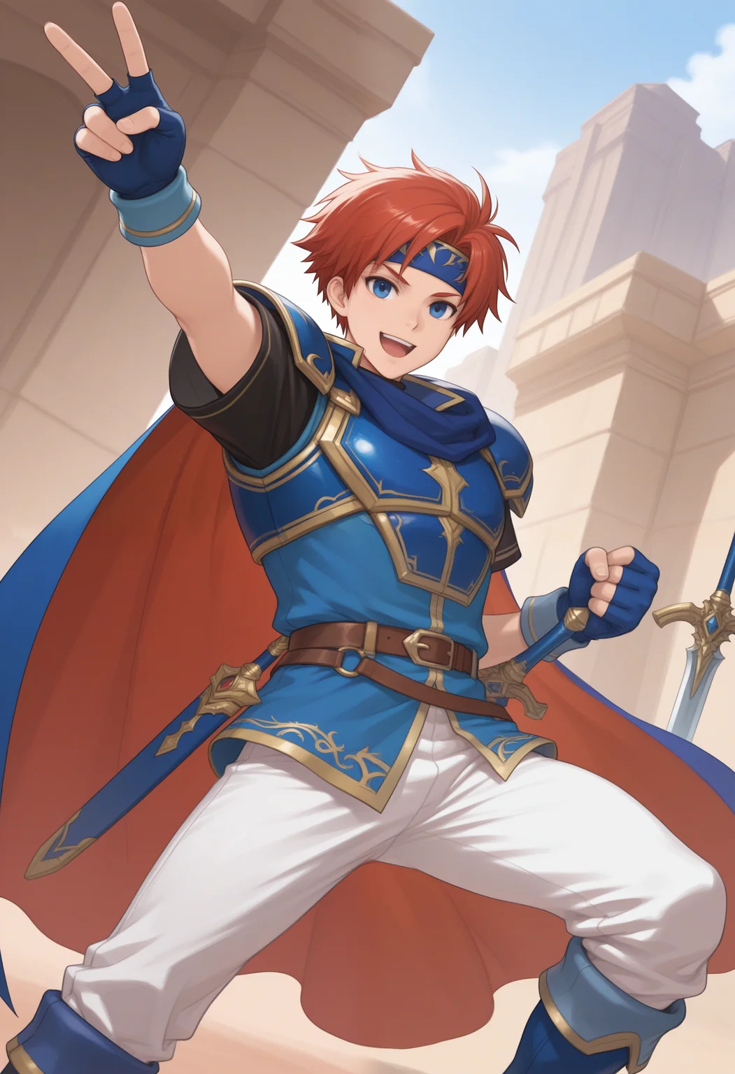 masterpiece,best quality, amazing quality,1boy, solo, r0y, red hair, black undershirt, blue boots, blue cape, blue chest plate, blue fingerless gloves, blue handband, blue scarf, blue tunic, brown belt, white pants, victory pose, weapon,
outside,