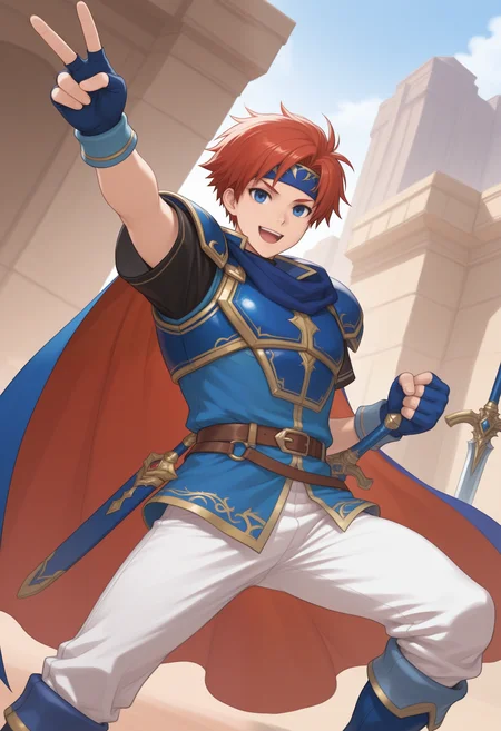masterpiece,best quality, amazing quality,1boy, solo, r0y, red hair, black undershirt, blue boots, blue cape, blue chest plate, blue fingerless gloves, blue handband, blue scarf, blue tunic, brown belt, white pants, victory pose, weapon,
outside,
