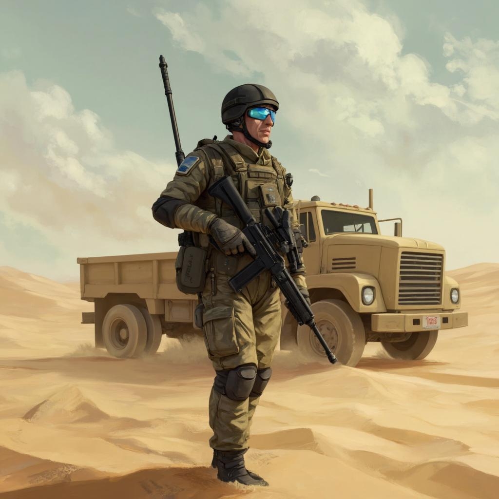 <lora:ck-LttleGhost-000011.safetensors:1> in the style of ck-lttlegh0st
In the heart of a vast, windswept desert, a mature and seasoned soldier stands amidst a landscape transformed by the passage of time and the weight of countless battles. His full combat gear, now worn and weathered, is a testament to the years he has spent in service. The black helmet, once sleek and polished, now bears the signs of countless missions, with a visor that glows a soft, calming blue, symbolizing the inner peace he has found despite the chaos around him.
The soldier, a man in his mid-forties with a rugged but composed demeanor, stands on the sandy ground, his footsteps leaving faint trails in the shifting dunes. His rifle, a well-worn companion, is held with a steady hand, a symbol of his unwavering resolve. The beige military truck in the background, dust-covered and sturdy, stands as a silent witness to the many operations he has led and participated in.
The sky above is a canvas of swirling clouds, hinting at a sandstorm that has passed, leaving behind a sense of calm and clarity. The air is filled with a soft, ethereal light that filters through the haze, casting long, gentle shadows. The soldier's bulletproof vest, with a faded patch on the left side, and his knee pads and backpack, all bear the marks of his journey, each scratch and scuff a story of personal growth and resilience.
The scene, viewed from a low angle, emphasizes the soldier's towering presence, a figure of strength and wisdom. The motion blur around him suggests a sense of movement, not of haste but of purposeful, deliberate steps. The sand, once a harsh and unforgiving terrain, now seems to embrace him, a fitting backdrop for a man who has found inner peace and a deep understanding of his path.
