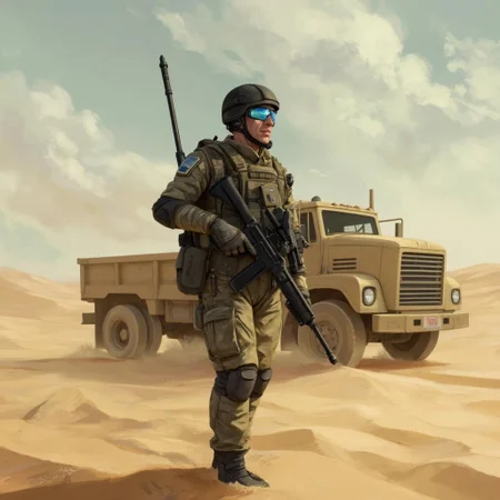 <lora:ck-LttleGhost-000011.safetensors:1> in the style of ck-lttlegh0st
In the heart of a vast, windswept desert, a mature and seasoned soldier stands amidst a landscape transformed by the passage of time and the weight of countless battles. His full combat gear, now worn and weathered, is a testament to the years he has spent in service. The black helmet, once sleek and polished, now bears the signs of countless missions, with a visor that glows a soft, calming blue, symbolizing the inner peace he has found despite the chaos around him.
The soldier, a man in his mid-forties with a rugged but composed demeanor, stands on the sandy ground, his footsteps leaving faint trails in the shifting dunes. His rifle, a well-worn companion, is held with a steady hand, a symbol of his unwavering resolve. The beige military truck in the background, dust-covered and sturdy, stands as a silent witness to the many operations he has led and participated in.
The sky above is a canvas of swirling clouds, hinting at a sandstorm that has passed, leaving behind a sense of calm and clarity. The air is filled with a soft, ethereal light that filters through the haze, casting long, gentle shadows. The soldier's bulletproof vest, with a faded patch on the left side, and his knee pads and backpack, all bear the marks of his journey, each scratch and scuff a story of personal growth and resilience.
The scene, viewed from a low angle, emphasizes the soldier's towering presence, a figure of strength and wisdom. The motion blur around him suggests a sense of movement, not of haste but of purposeful, deliberate steps. The sand, once a harsh and unforgiving terrain, now seems to embrace him, a fitting backdrop for a man who has found inner peace and a deep understanding of his path.