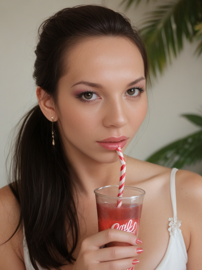 score_9, score_8_up, score_7_up, SabrinaK4mo3i, Sabrina Kamoei, <lora:SabrinaK4mo3i-pony:1>,1girl, makeup, lips, high ponytail hair, dark hair, big lips, tropical,  sunglasses tipped down, sipping on a soda, solo, looking at viewer, bokeh, focus, film, velvia, artistic, best quality, photograph, focus