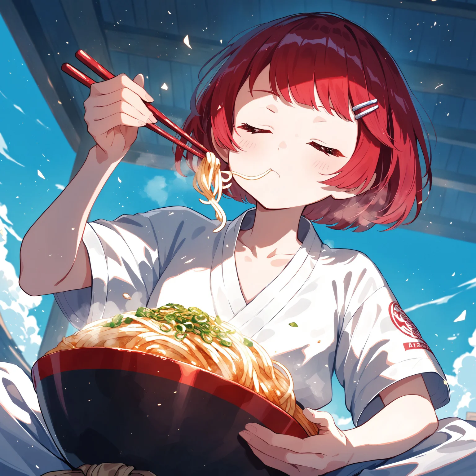(masterpiece, best quality:1.2), amazing quality, very aesthetic, absurdres, perfect detail,
stone floor, blue sky, portrait, from below
sitting, indian style, eating ramen, holding donburi, holding chopsticks, expressionless, closed eyes,
solo, jigita, red hair, short hair, hairclip, white dougi, brown sash, collarbone, short sleeves,
<lora:XL_Anima4_gomaotsu-digitalis-t1:0.9>