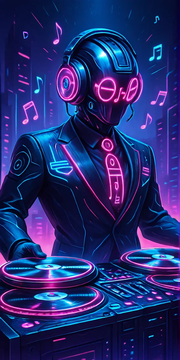 masterpiece, best quality,   AdFF, turntable, blue theme, helmet, suit, neon trim,    (music notes),  <lora:AudioFileFuture_IXL_v1:1.0>,     foreshortening,