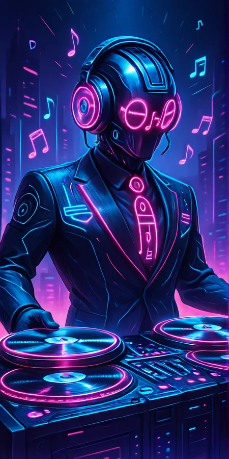 masterpiece, best quality,   AdFF, turntable, blue theme, helmet, suit, neon trim,    (music notes),  <lora:AudioFileFuture_IXL_v1:1.0>,     foreshortening,