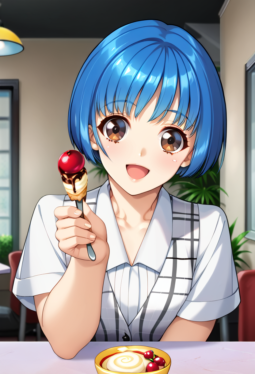 score_9, score_8_up, score_7_up, BREAK Himachi, blue hair, short hair, 1girl, holding spoon, open mouth, brown eyes, smile, incoming food, looking at viewer, :d, blurry background, white shirt, cherry, blush, plaid vest, indoors, upper body, collarbone, feeding, pov, ice cream, grey vest, collared shirt, <lora:HIMT:1>