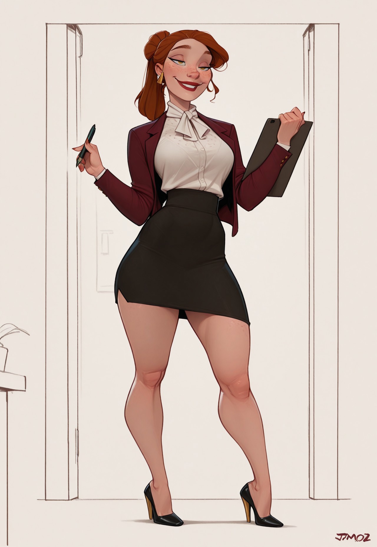 masterpiece, best quality, amazing quality, very aesthetic, DISNEY_ANIMATION, incoth, (incase:0.6), J0t4m0z,

tall female, toned body, Irish, full body freckles, late 20s, auburn hair, high ponytail, emerald eyes, high cheekbones, soft facial features, full lips, confident expression, smile, elegant, commanding presence. female office worker, white blouse, burgundy blazer, pencil skirt, red lipstick, sharp eyeliner, gold accessories, pen, clipboard, confident woman, stylish heels, strict but elegant, serene expression, organized woman, professional.