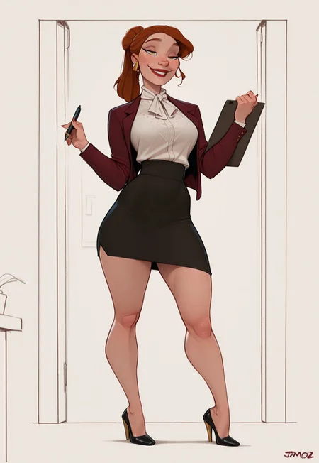 masterpiece, best quality, amazing quality, very aesthetic, DISNEY_ANIMATION, incoth, (incase:0.6), J0t4m0z,

tall female, toned body, Irish, full body freckles, late 20s, auburn hair, high ponytail, emerald eyes, high cheekbones, soft facial features, full lips, confident expression, smile, elegant, commanding presence. female office worker, white blouse, burgundy blazer, pencil skirt, red lipstick, sharp eyeliner, gold accessories, pen, clipboard, confident woman, stylish heels, strict but elegant, serene expression, organized woman, professional.