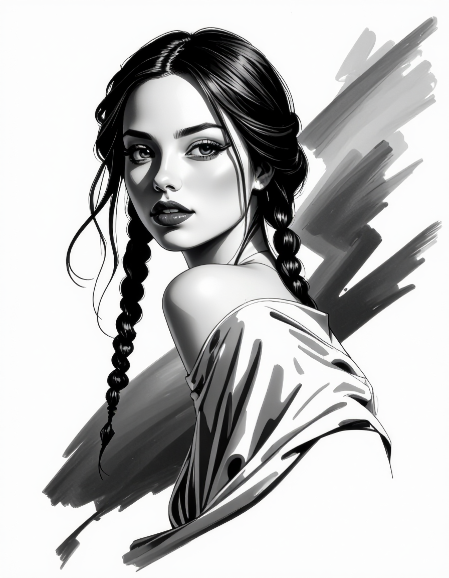 zavy-fnrt , This is a highly detailed, hyper-realistic black and white drawing of a young woman with a striking expression. She has a fair complexion, long, wavy hair styled in two braids that fall over her shoulders, and dark, expressive eyes that gaze directly at the viewer. Her lips are full and painted in a deep, rich shade of red, adding a dramatic contrast to the monochromatic background. She is partially draped in a loose, flowing garment that is rendered with soft, feathery strokes, giving it a delicate, almost ethereal texture. Her physique is slender, and she is posed in a three-quarter view, turning her head slightly to the left. The background is minimalistic and abstract, consisting of soft, smudged lines and gradients that emphasize the subject without distracting from her features. The overall style of the drawing is highly realistic, with meticulous attention to detail in the textures and shadows, creating a sense of depth and realism. The image conveys a sense of intimacy and sensualism. <lora:ck-greasepencil__:1> <lora:Add_More_details_Flux:1>