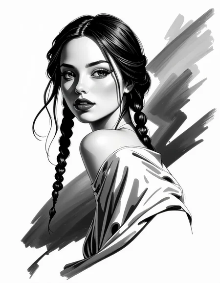 zavy-fnrt , This is a highly detailed, hyper-realistic black and white drawing of a young woman with a striking expression. She has a fair complexion, long, wavy hair styled in two braids that fall over her shoulders, and dark, expressive eyes that gaze directly at the viewer. Her lips are full and painted in a deep, rich shade of red, adding a dramatic contrast to the monochromatic background. She is partially draped in a loose, flowing garment that is rendered with soft, feathery strokes, giving it a delicate, almost ethereal texture. Her physique is slender, and she is posed in a three-quarter view, turning her head slightly to the left. The background is minimalistic and abstract, consisting of soft, smudged lines and gradients that emphasize the subject without distracting from her features. The overall style of the drawing is highly realistic, with meticulous attention to detail in the textures and shadows, creating a sense of depth and realism. The image conveys a sense of intimacy and sensualism. <lora:ck-greasepencil__:1> <lora:Add_More_details_Flux:1>