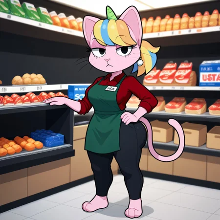 score_9, score_8_up, score_8, score_7, score_6_up, source_furry, Sunset(Existi), Solo, 1girl, anthro, female furry, catgirl, pink fur, multicolored hair, bangs, ponytail, green unicorn horn, cat tail, black eyes, pink nose, big butt, earrings, shortstack, full body, looking at viewer, standing, Red shirt, black pants, green apron, name tag, bored expression, eyes half closed, store setting, one hand on hip,