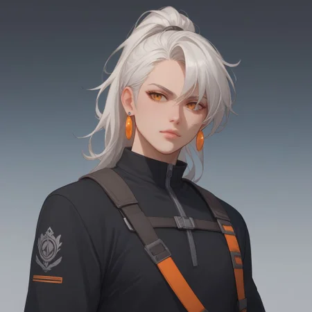 (score_9), (score_8_up), (score_7_up), (score_6_up), (score_5_up), (score_4_up), create an image of 1boyl, orange eyes, high ponytail, orange hair, ombre orange to white, gradient orange to white, one white hair streak, one white hairstreak right side, modern cyber clothes, white and black outfit, a lot of silver accessories, silver accessory, gemstone earrings, gloomy, Zyrnox style
