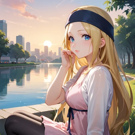 score_9, score_8_up, score_7_up,BREAK side view,1girl,chihayap5, very long hair, blonde hair, headband, shirt, dress, black pantyhose, looking at viewer,sitting on the river bank, holding her hand in her hair, outdoors,city park,smiles modestly, sunset, grass,<lora:zs_ChihayaXL:1> ,<lora:StS_PonyXL_Detail_Slider_v1.4_iteration_3:1>