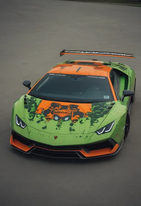 GTA-style artwork bold lamborghini style,<lora:CHV-Zoom:1>,Cornelisz Hendriksz Vroom vehicle,car,gulf [1],green energy [2], . Satirical, exaggerated, pop art style, vibrant colors, iconic characters, action-packed