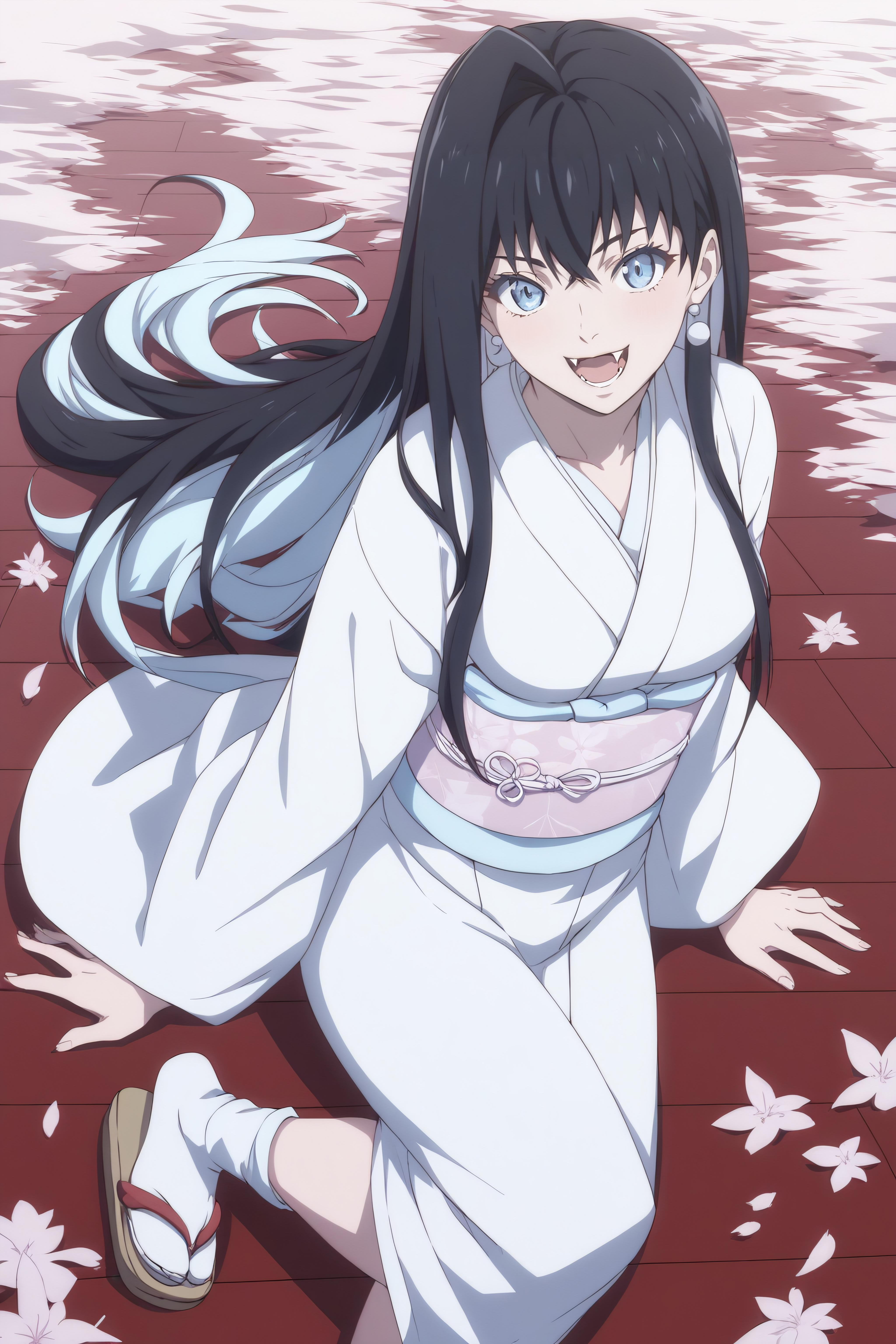 score_9, score_8_up, score_7_up, BREAK source_anime, <lora:Yuki Onna-PonyXL-lora-Faxtron:0.8> yuki onna, light blue eyes, black hair, multicolored hair, long hair, medium breasts, fangs, white kimono, sash, obi, socks, sandals,