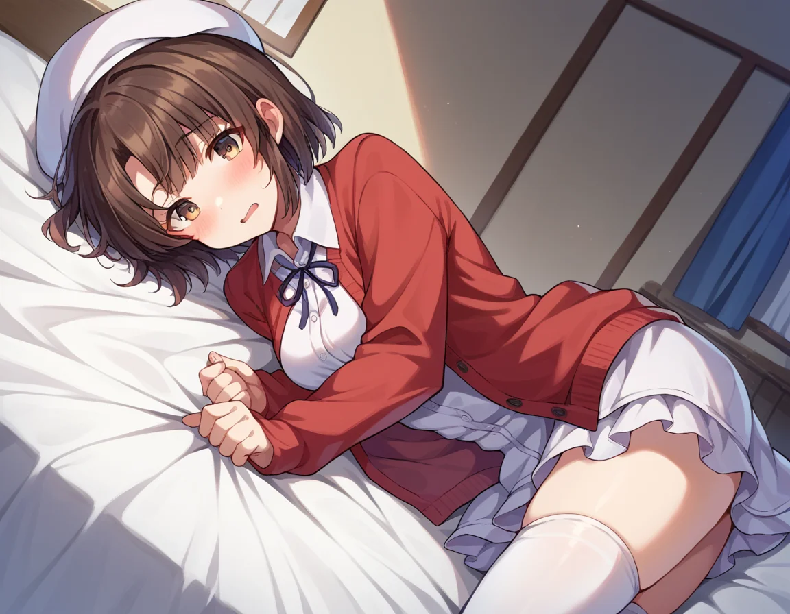 score_9, score_8_up, score_7_up, source_anime,
megumikatou, <lora:megumi-katou-ponyxl-lora-nochekaiser:1>
megumi katou, brown hair, brown eyes,
short hair, hat, jacket, long sleeves, thighhighs, white headwear, white thighhighs, dress, white dress, red jacket, white hat, open cardigan, open clothes,
indoors, bed, bed room, on side, blush, drunk,
looking at viewer, dutch angle, cowboy shot,