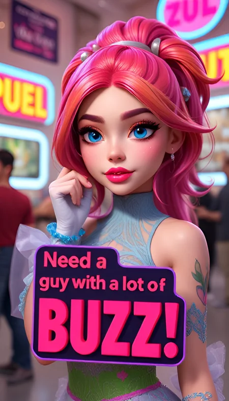 pixar render. vibrant colors. cute beauty monster-girl. professional picture. figurative colored 3d sign: "Need a rich guy with a lot of buzz!"