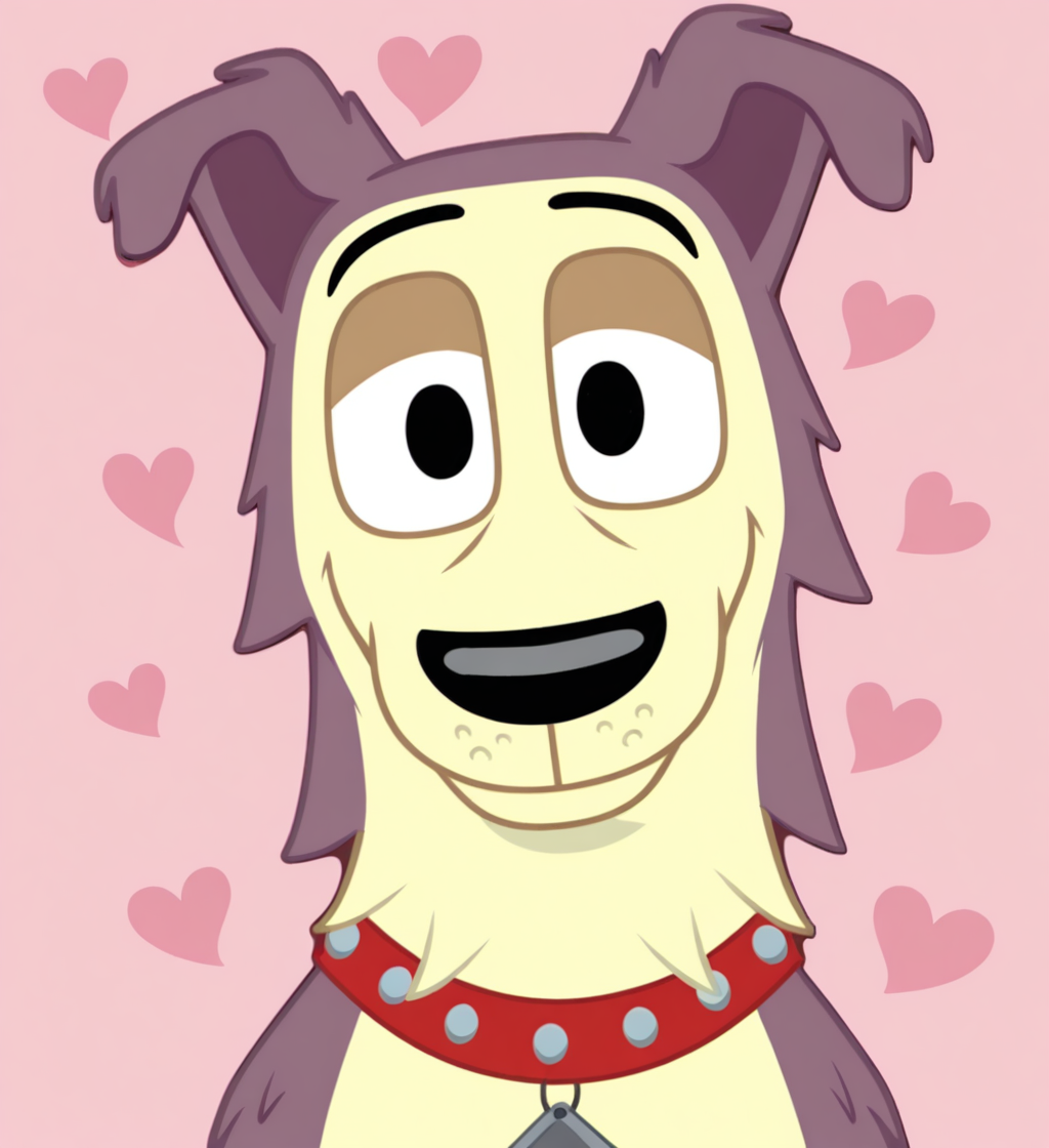 high resolution, best quality, 4k, solo, male, front view, face focus, head tilt, looking at viewer, happy, closed smile, heart background, colored outline, <lora:Lucky_-_Pound_Puppies_Modern_IL:1> ppluckypp, canid, animal ears, big snout, pale skin, purple fur, two tone fur, collar, black nose, black eyes, floppy ears, eyebrows, toony, collar tag, feral
