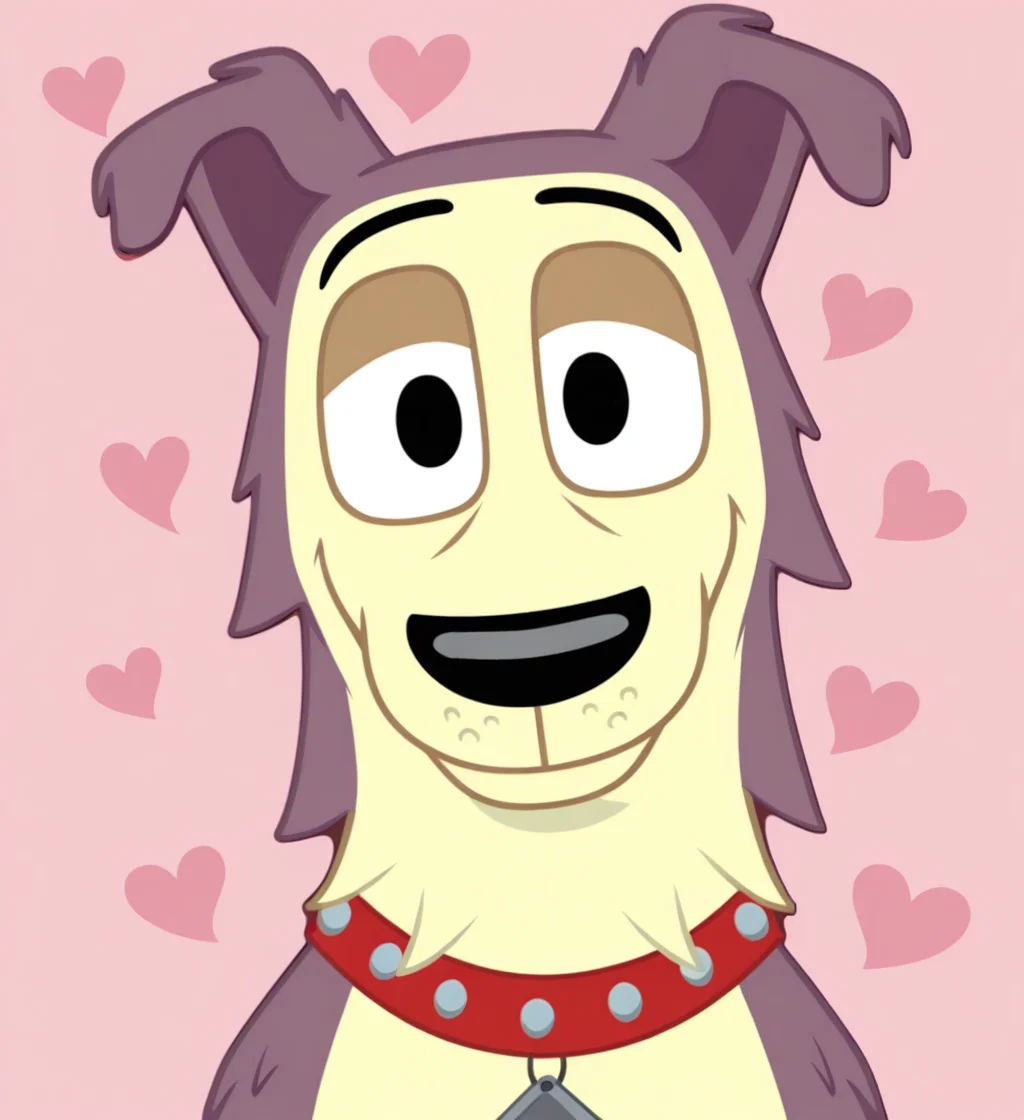 high resolution, best quality, 4k, solo, male, front view, face focus, head tilt, looking at viewer, happy, closed smile, heart background, colored outline, <lora:Lucky_-_Pound_Puppies_Modern_IL:1> ppluckypp, canid, animal ears, big snout, pale skin, purple fur, two tone fur, collar, black nose, black eyes, floppy ears, eyebrows, toony, collar tag, feral