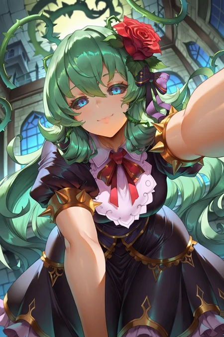 <lora:ChamIllustriousBackgroundEnhancer:0.5> <lora:illustrious_quality_modifiers_masterpieces_v1:0.8> ,  masterpiece, very aesthetic, absurdres, best quality, amazing quality, high resolution, newest, very awa, scenery, volumetric lighting, solo,  looking at viewer,  <lora:ToraIllustrious:0.8> , tordef, 1girl, solo, long hair, green hair, black sclera, blue eyes, hair flower, neck ribbon, bib collar,  black dress, frilled dress, gold trim, juliet sleeves, yellow armlet, spiked armlet, thorns, rose, plant thorns, exterior, mansion, warm smile, bent over, (reaching towards viewer), hair bow, bow, from below, by araneesama
