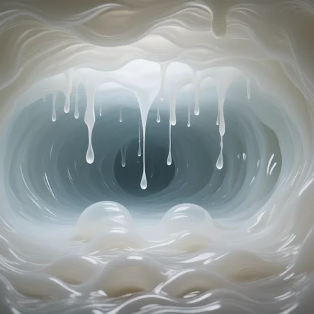 tsmlkslimsed, tramilkslimsed, trclkyslimsed, inside a dense cave made entirely of glossy white slime, dripping cumlike fluid from the ceiling, soft ambient glow through thick translucent walls, wet folds and rounded volumes, organic sticky texture everywhere, hyperreal detail