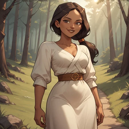 score_9, score_8, BREAK, solo, brown hair, ponytail, black eyes, brown lips, white dress, brown sandals, breasts, total drama, Priyas_mother_(Total_Drama), dark skin, dark skin female, sexy pose, self portrait, smile, looking at viewer, outdoors, sunlight, shadows, evening lighting, natural lighting, forest, trees, grass, orange sky, sunset