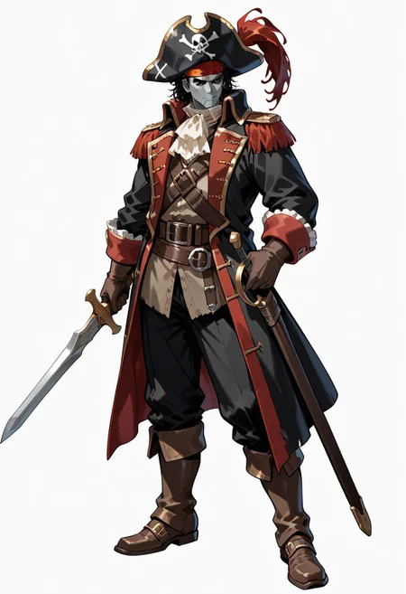 masterpiece, best quality, newest, absurdres, highres, SC3CD, 1boy, weapon, male focus, solo, sword, hat, gloves, grey skin, pirate hat, full body, white background