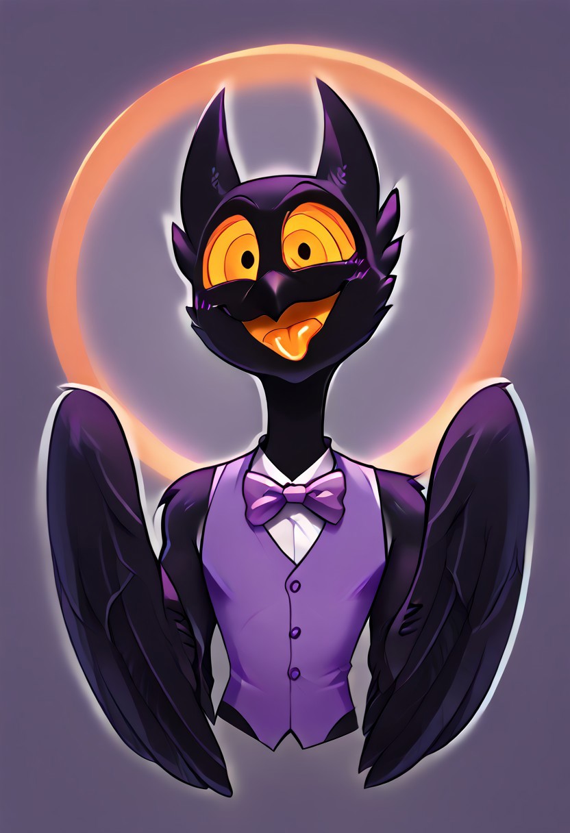 Barnaby, 1boy, yellow eyes, orange sclera, black body, long neck, feathers, bird feet, winged arms, bird tail, black beak, purple vest, sleeveless, purple bowtie, orange tongue, avian, furry, anthro, ghost, owl, spirit, digitigrade, no humans, perfect anatomy, solo, (insanely detailed, beautiful detailed face, masterpiece, cinematic lighting, detailed hands, detailed face, best quality), (sharp), score_9_up, score_8_up, score_7_up, score_6_up, highest quality, 8K, RAW photo, source_anime, perfect face, perfect hands, upper body, wingarms, jizoku