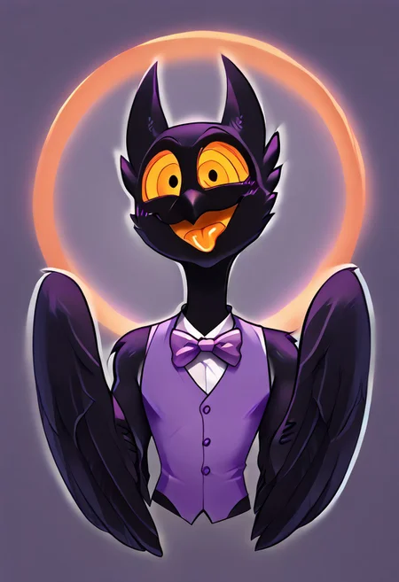 Barnaby, 1boy, yellow eyes, orange sclera, black body, long neck, feathers, bird feet, winged arms, bird tail, black beak, purple vest, sleeveless, purple bowtie, orange tongue, avian, furry, anthro, ghost, owl, spirit, digitigrade, no humans, perfect anatomy, solo, (insanely detailed, beautiful detailed face, masterpiece, cinematic lighting, detailed hands, detailed face, best quality), (sharp), score_9_up, score_8_up, score_7_up, score_6_up, highest quality, 8K, RAW photo, source_anime, perfect face, perfect hands, upper body, wingarms, jizoku