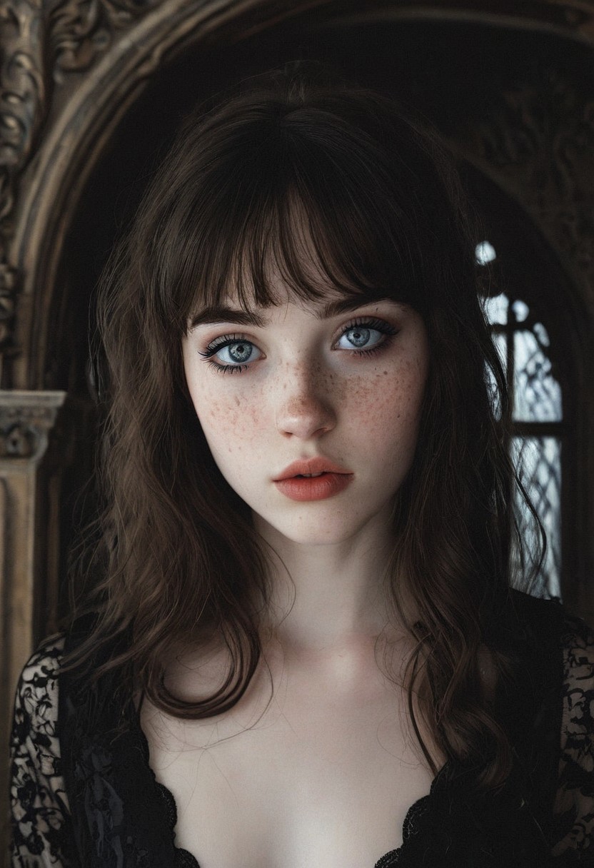 portrait, close up, cute face, beautiful,18 years old, (black bold eyeliner, makeup:1.3), pale skin, young,bangs,freckles, ear,wavy brunette hair,freckles,,interior,fancy bedroom,gothic room,castle interior,petite body, small breasts, beautiful legs, realistic soft skin, looking at viewer, hyperdetailed, analog photo, Cinematic,contrast,high contrast,(very detailed eyes,detailed lips,detailed face,cute,pretty)